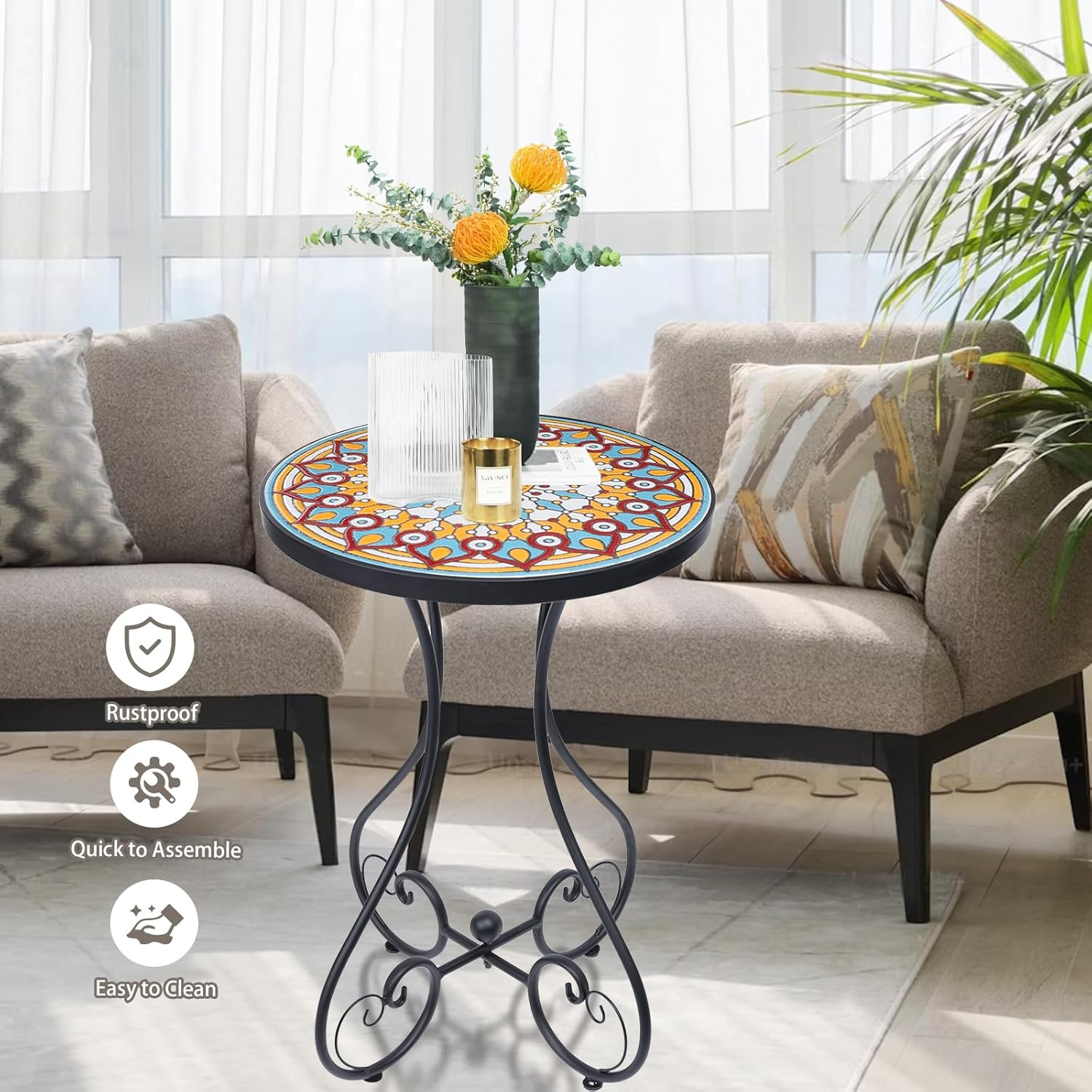 Mosaic Outdoor Side Table Round Rustproof Patio Table 14 Ceramic Multi Color
