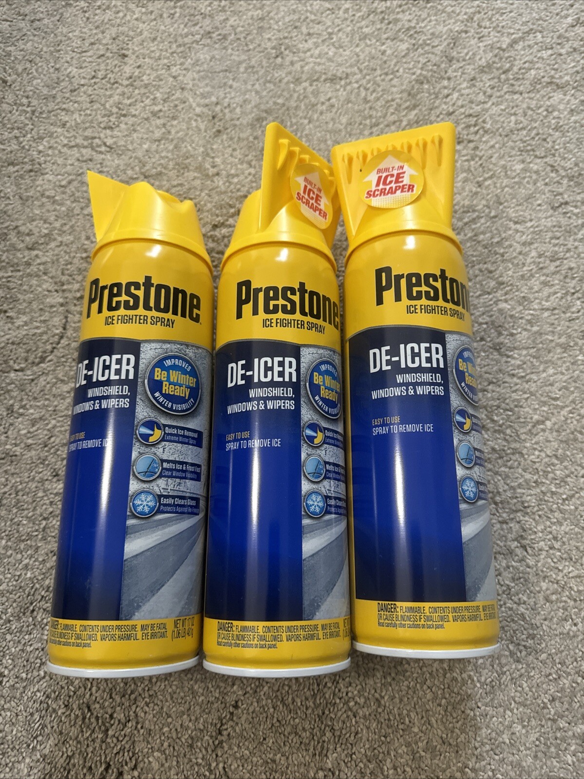 Prestone Windshield,  De-Icer Spray Ice Built  Scraper Cans 17 oz Lot Of 3 Cans