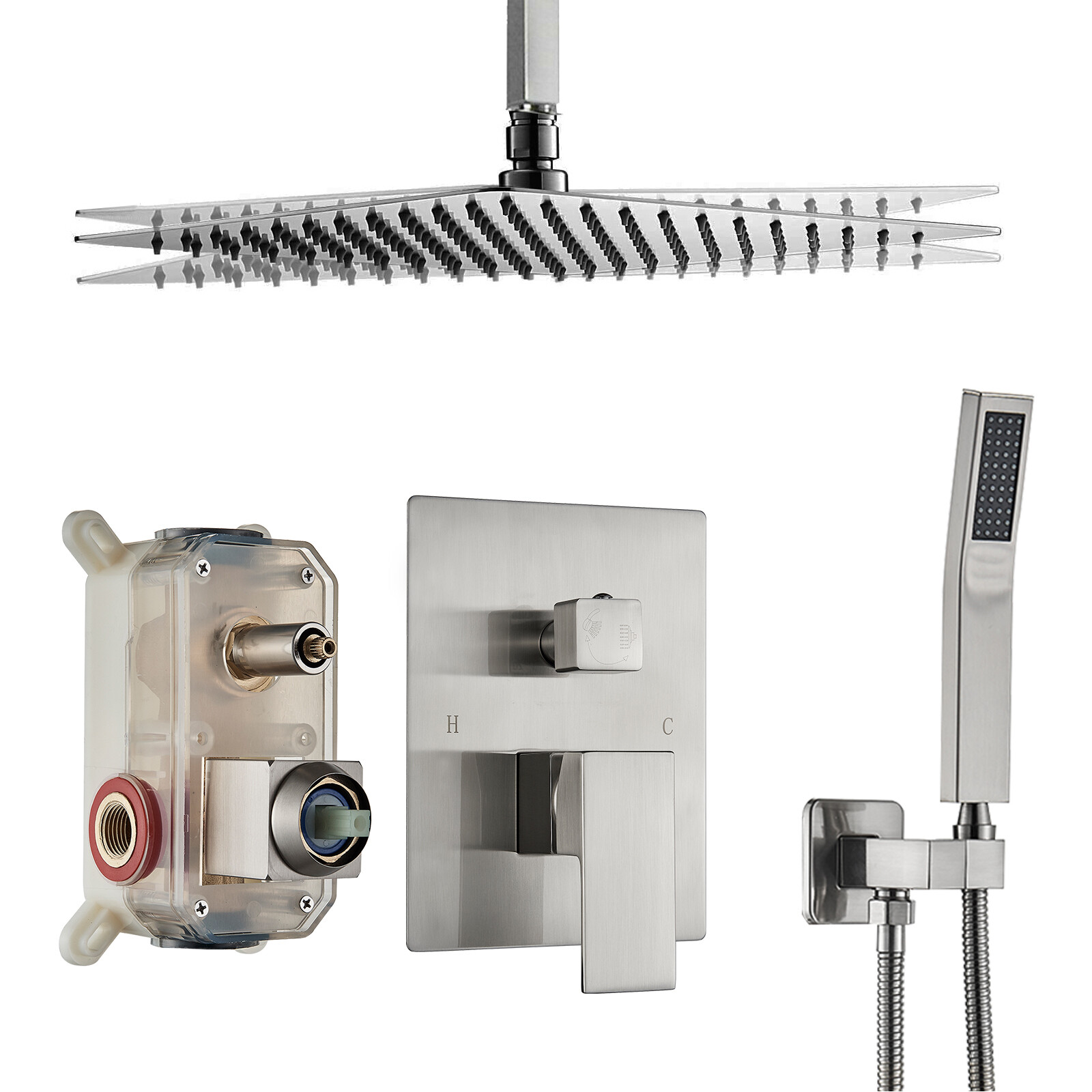 Shower Faucet Set w/Mixer Valve Rainfall Shower Head Combo System Ceiling Mount