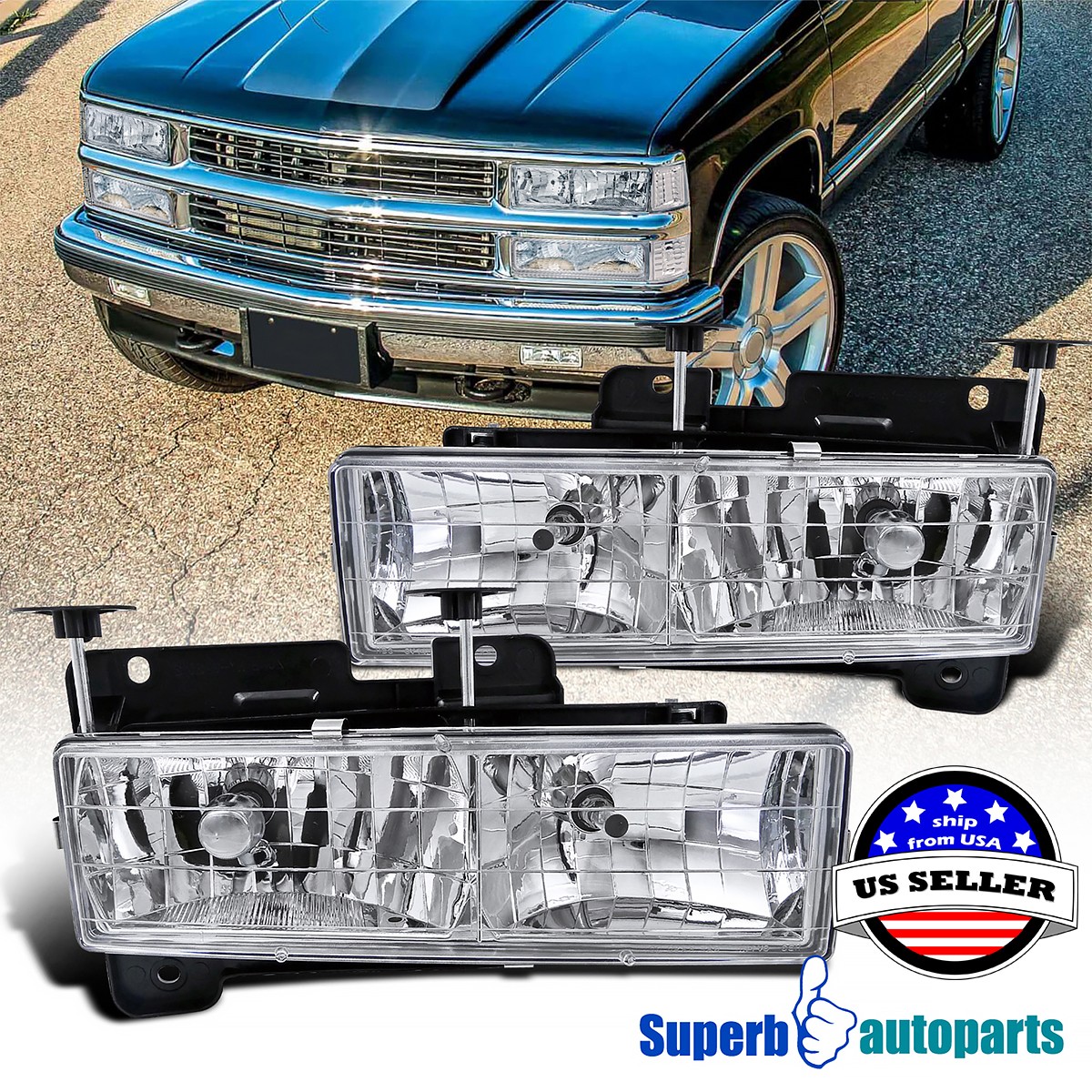Fits 88-98 Chevy GMC C10 CK 1500/2500/3500 94-99 Suburban Headlights Lamps 2PC