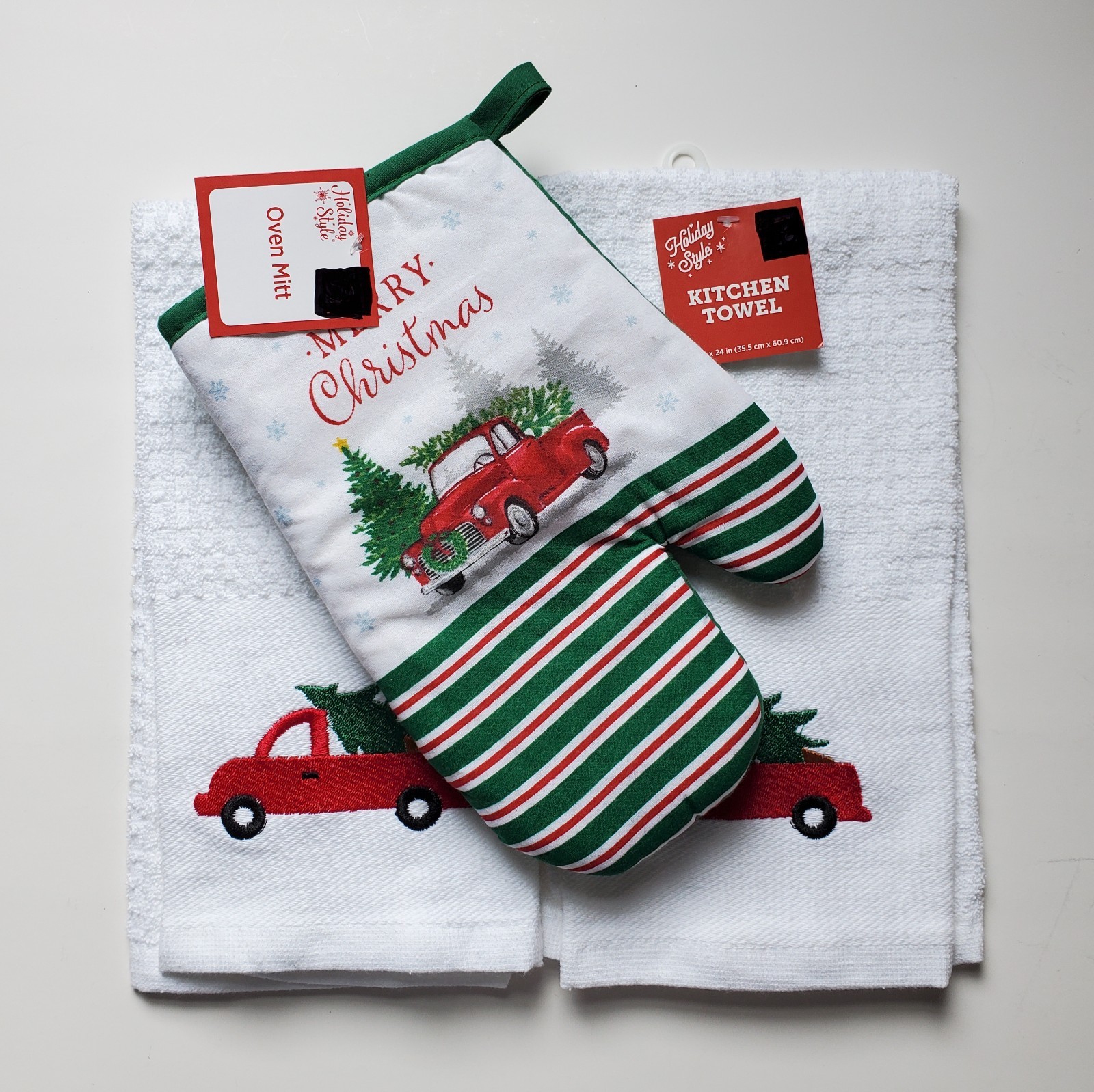 Lot 2 Red Pickup Truck Embroidered Towel And 1 Oven Mitt Kitchen Dish Christmas