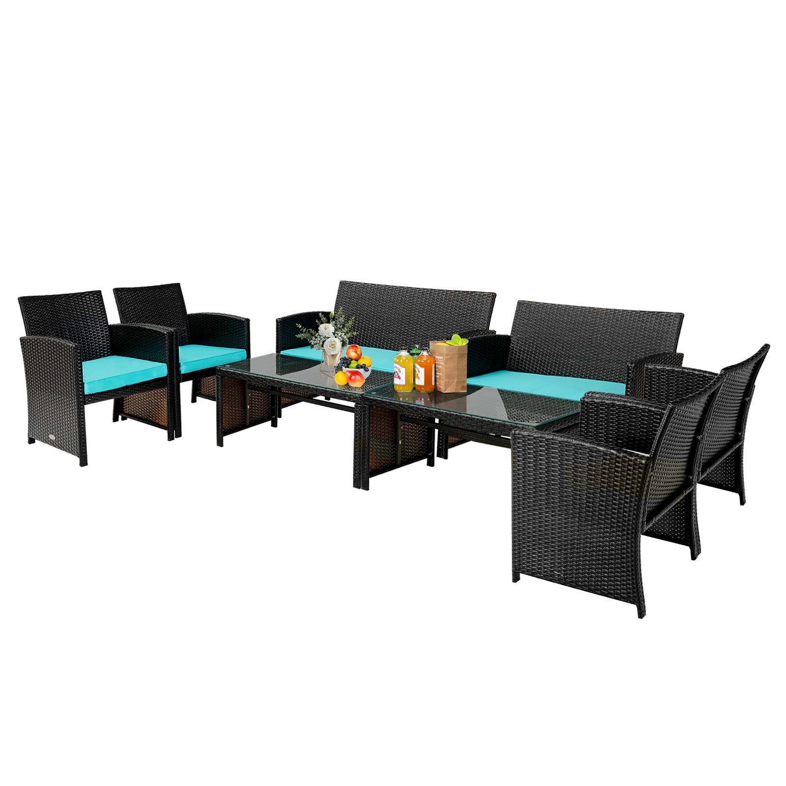 Patiojoy 8PCS Patio Rattan Furniture Set Sofa Table Cushioned Chair Turquoise