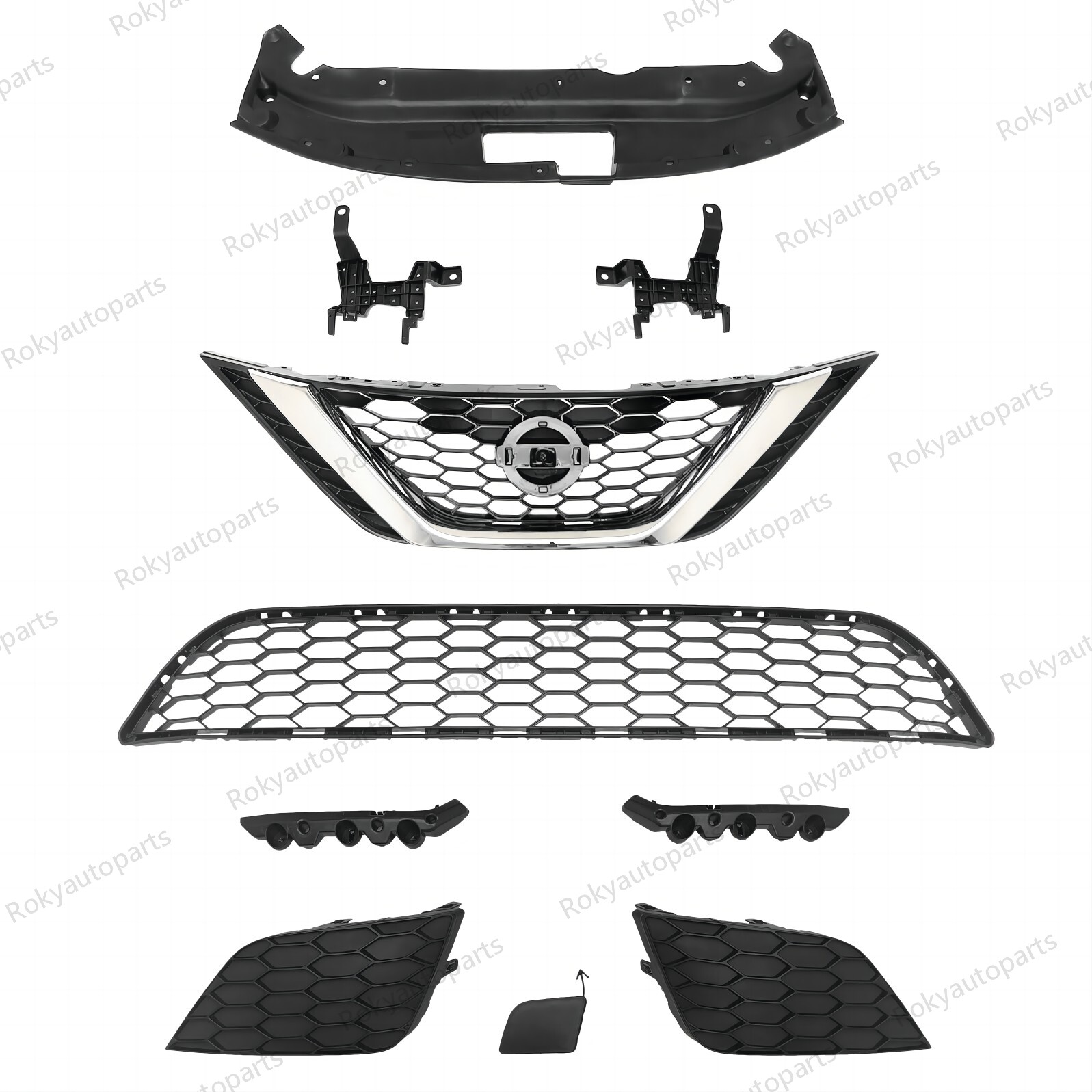 10PC For Sentra 2016-2019 Front Bumper Upper Chrome Grille Brackets Lower Mesh
