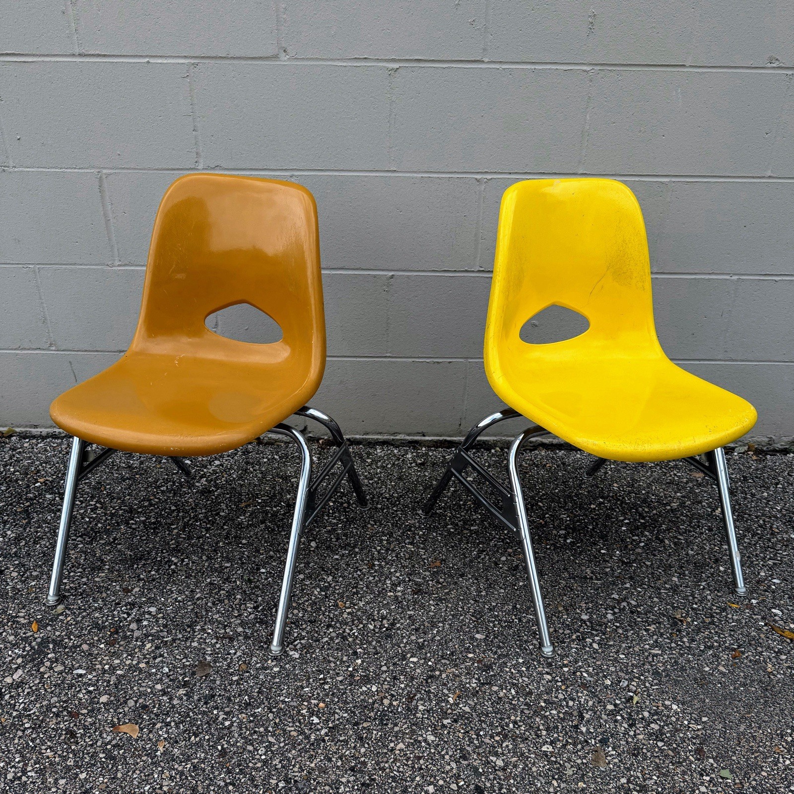 Pair of MCM 1960s Yellow Fiberglass Shell Chairs by Krueger | Stackable School
