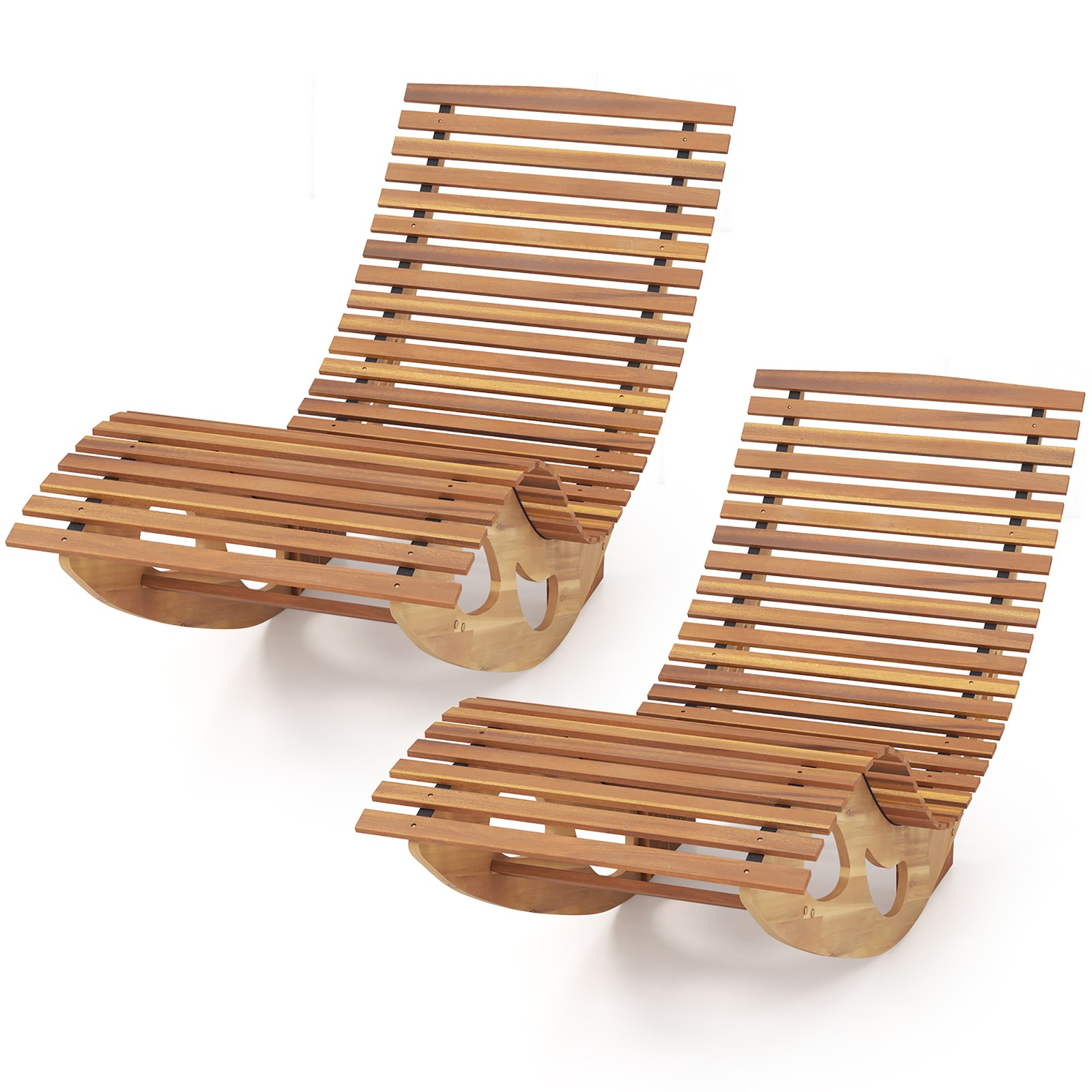 2PCS Outdoor Chaise Lounge w/ High Back Slatted Seat Stopper Outside Wood Rocker