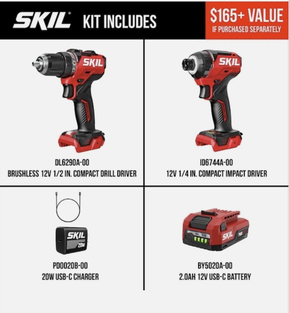 SKIL 12V Brushless 2-Tool Combo Kit Drill & Impact Driver + Battery & Charger