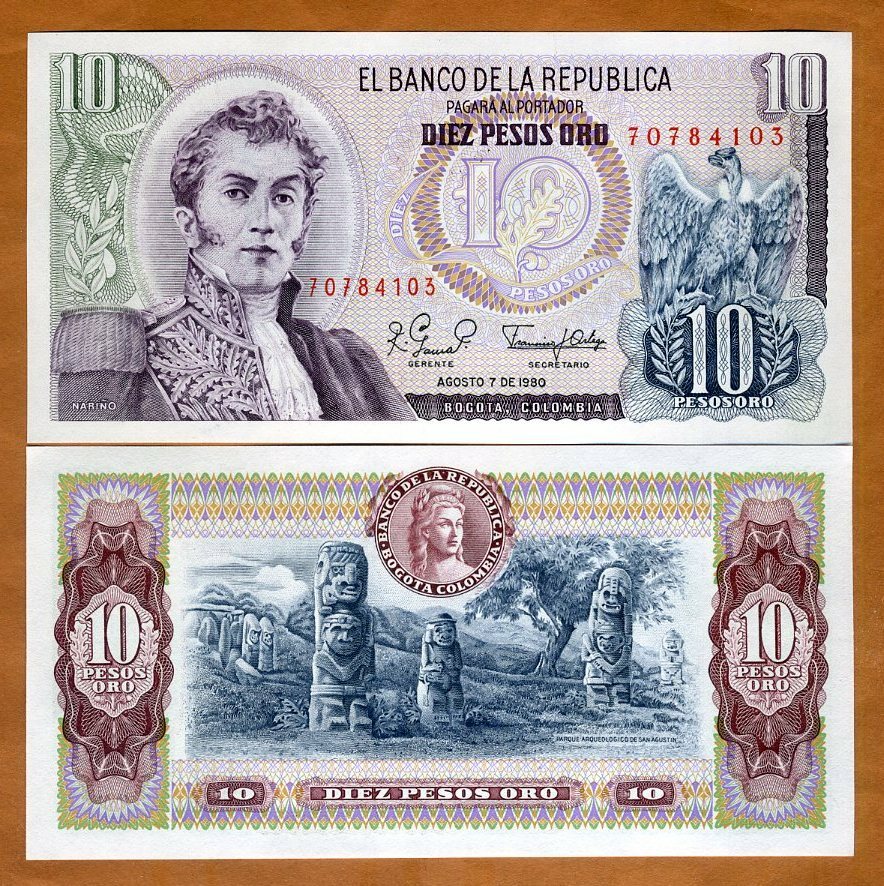 Colombia, 10 Pesos Oro, 1980, P-407 (407g), UNC