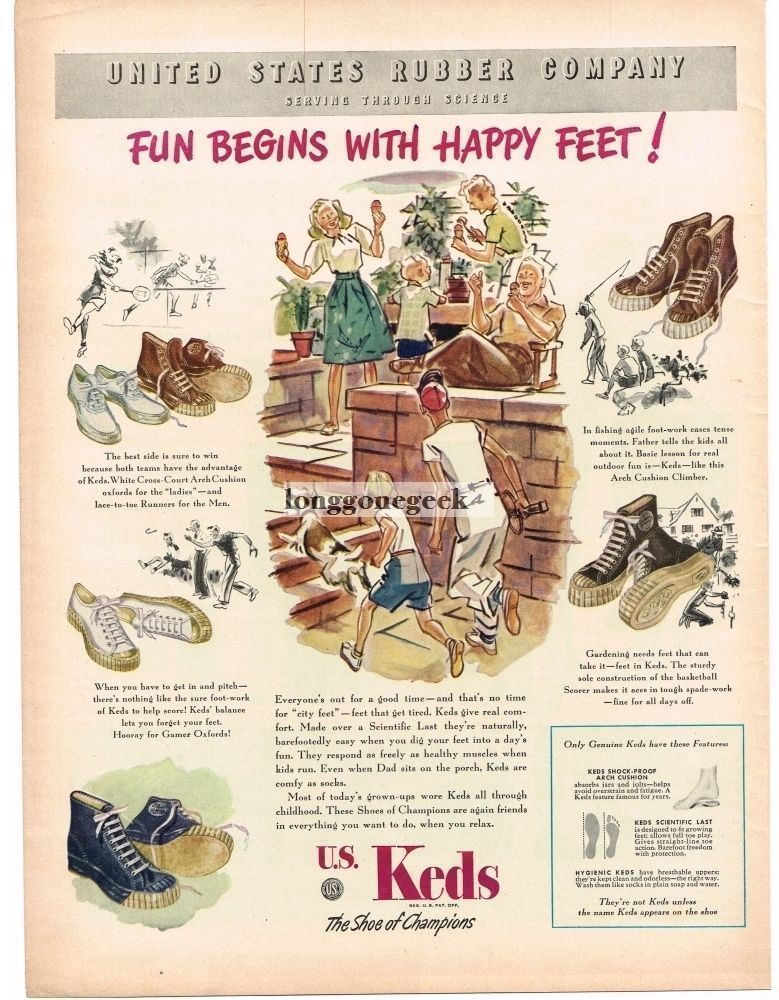 1947 U.S. Keds Sneakers Fun Begins With Happy Feet art Vintage Print Ad