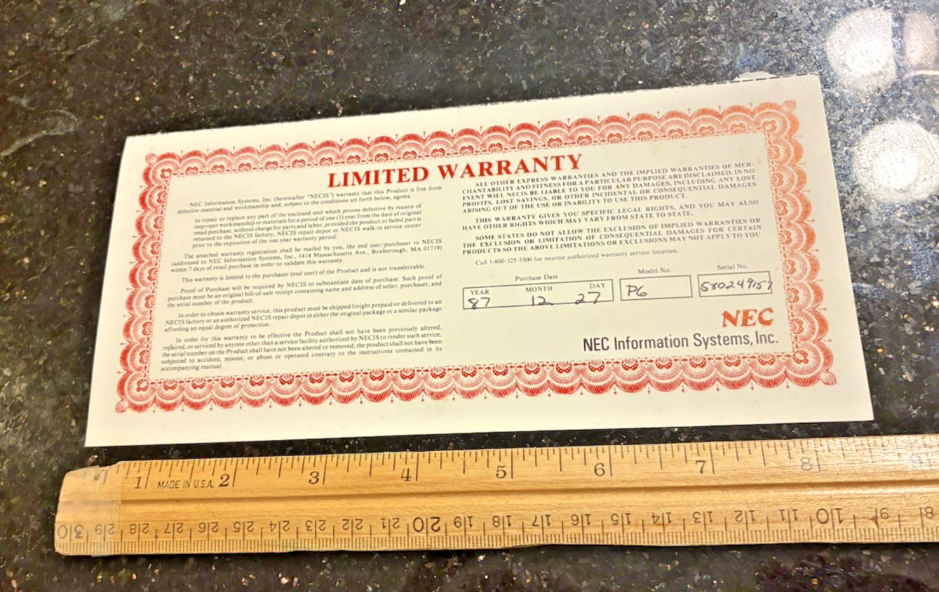 VINTAGE 1987 NEC INFORMATION SYSTEMS, INC. WARRANTY CARD CERTIFICATE -EXCELLENT!