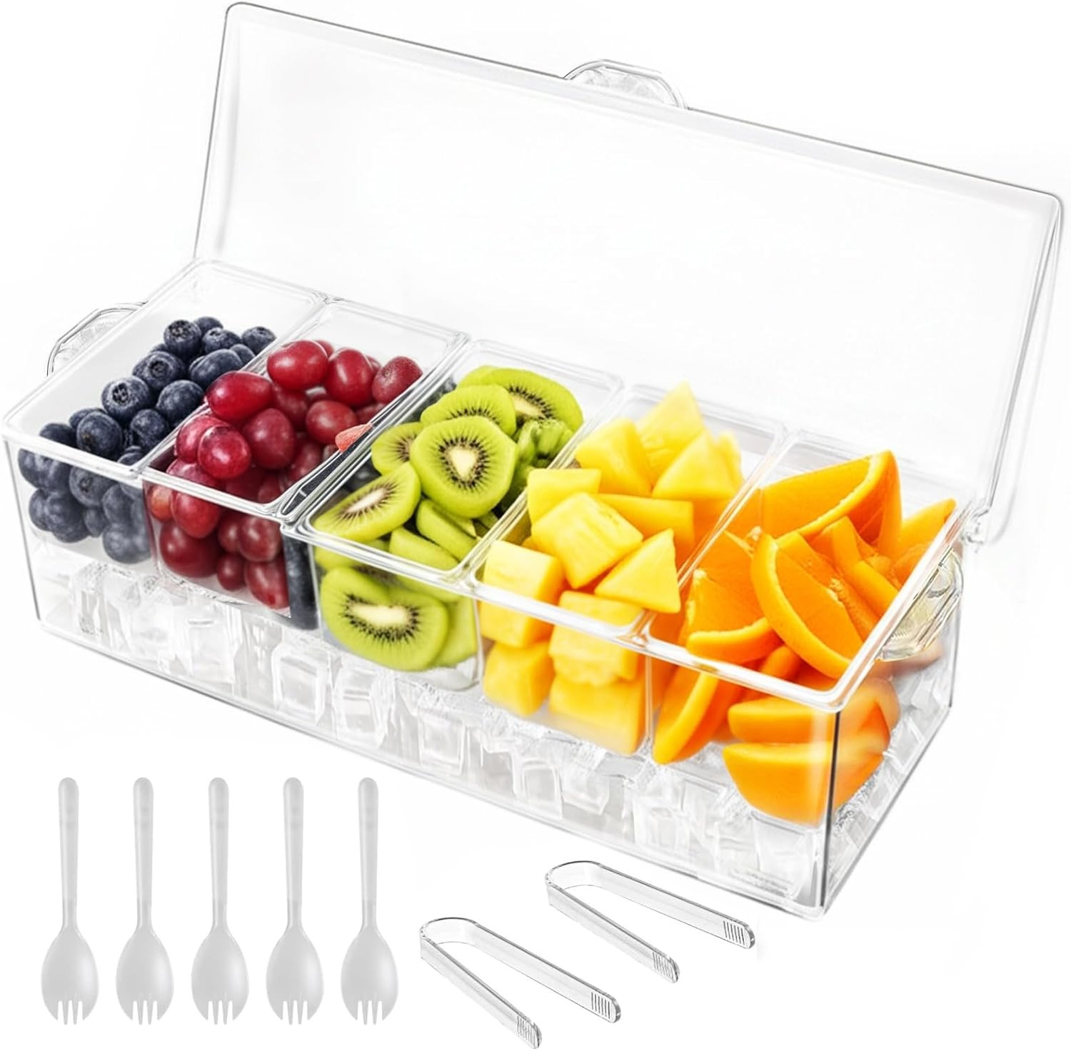Ice Chilled Condiment Caddy with Lid, 5 Compartments Utensils