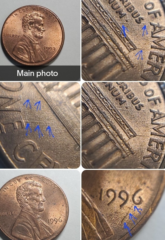 1993p & 1996p strike through wire or string error Lincoln Memorial Cent #44