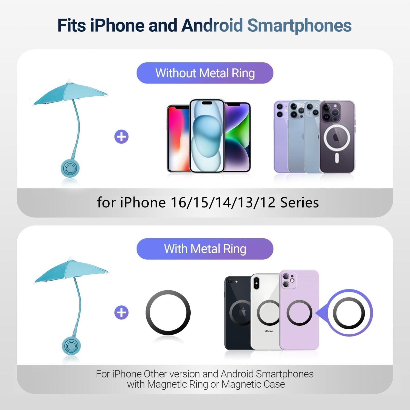 Magnetic Phone Umbrella Sun Shade Shield - Flexible Angle & Rotatable Ring, Blue