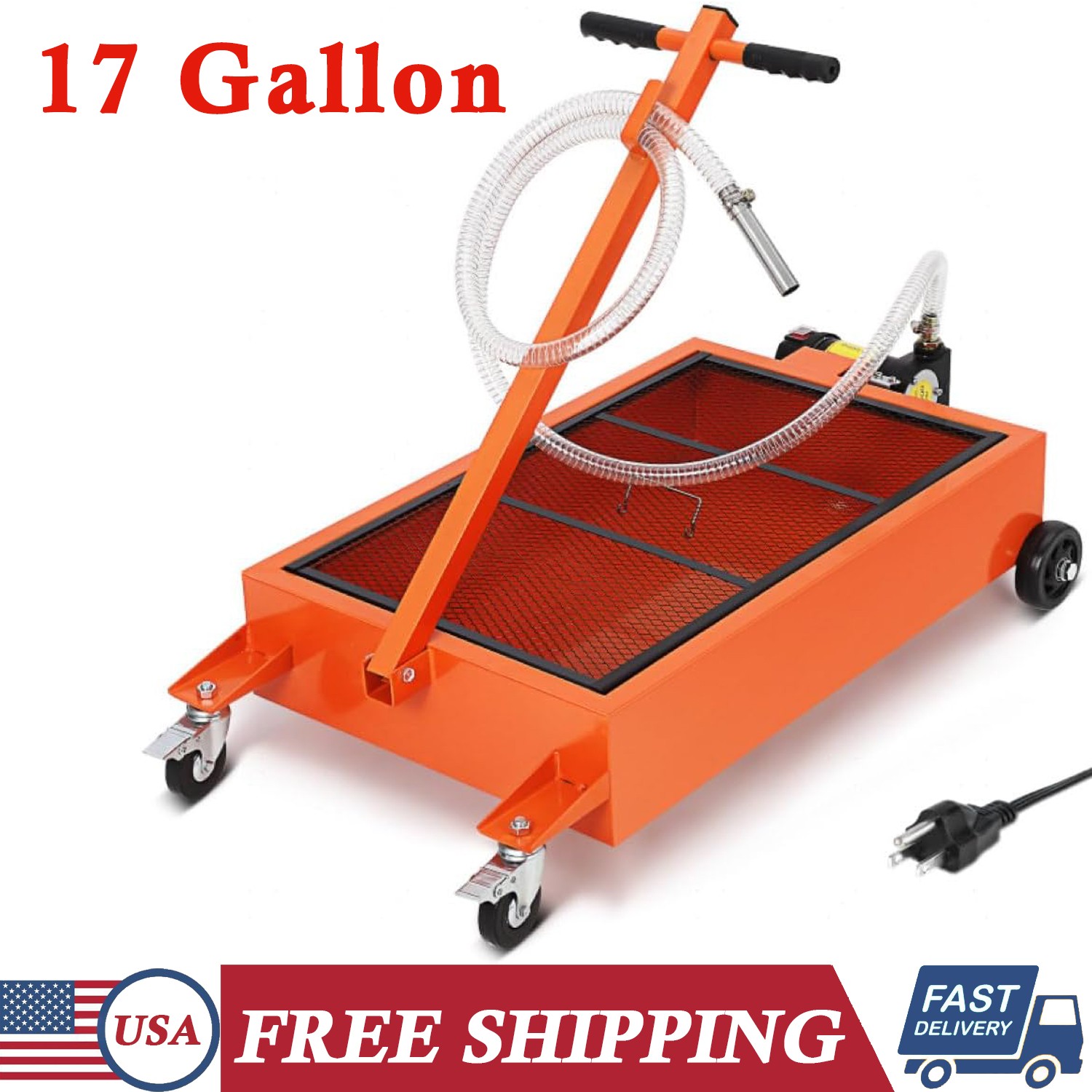 17 Gallon Electric Oil Drain Pan w/ 12V Pump & Hose Low Profile Oil Change Cart