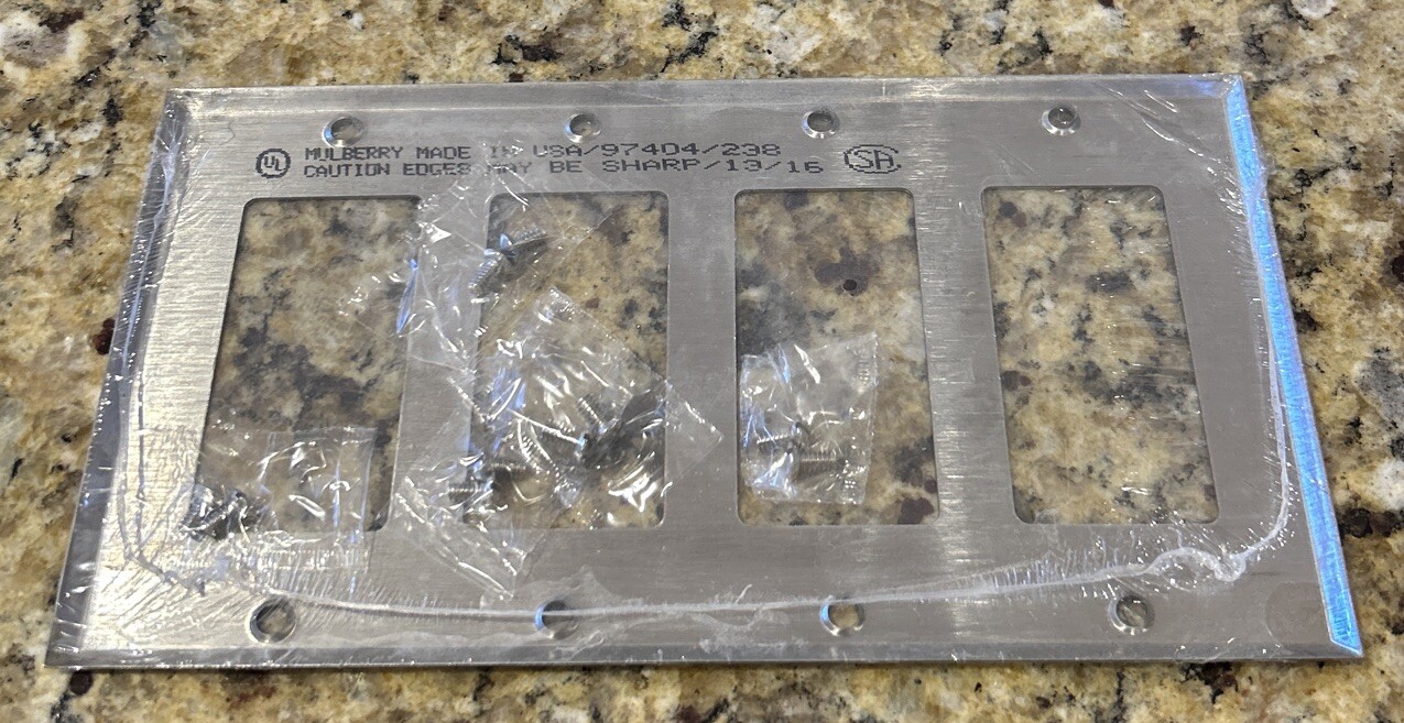 MULBERRY 97404/238 FOUR GANG DECORA STAINLESS STEEL WALL PLATE NEW WITH SCREWS