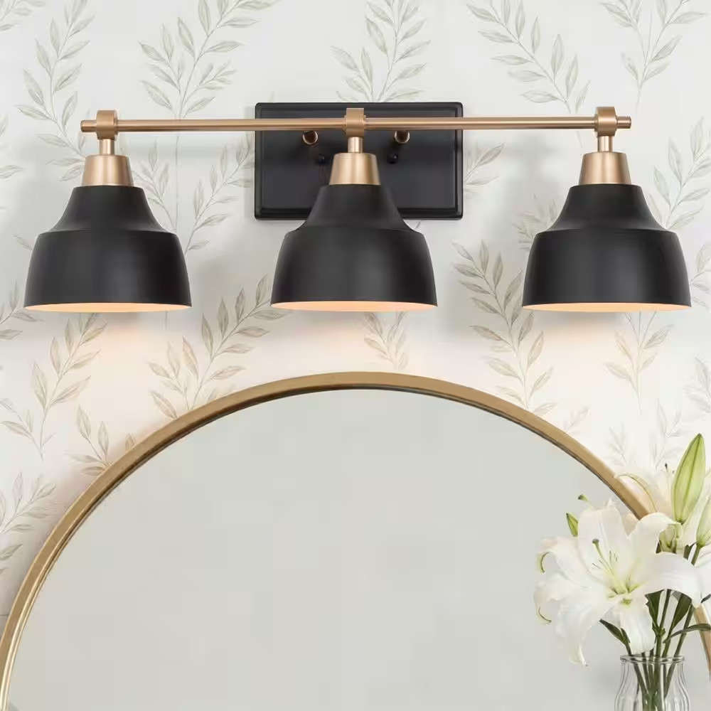 24.5 In. 3-Light Modern Black Bell Vanity Light, Gold Bathroom Light Fixture, Wa