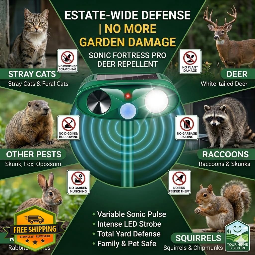 2026 Sonic Fortress Pro Deer Repellent Solar Ultrasonic Animal Deterrent 4 Pack
