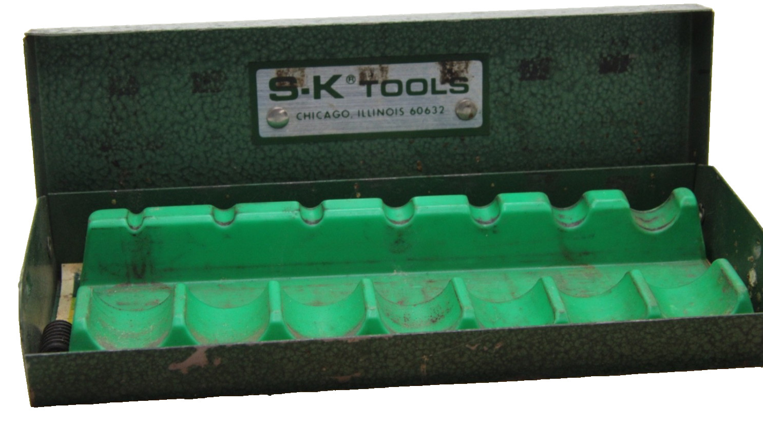 SK Tools 6-1/2" x 2-1/4" Green Metal Socket Set Tool Box w/Tray USA NO TOOLS