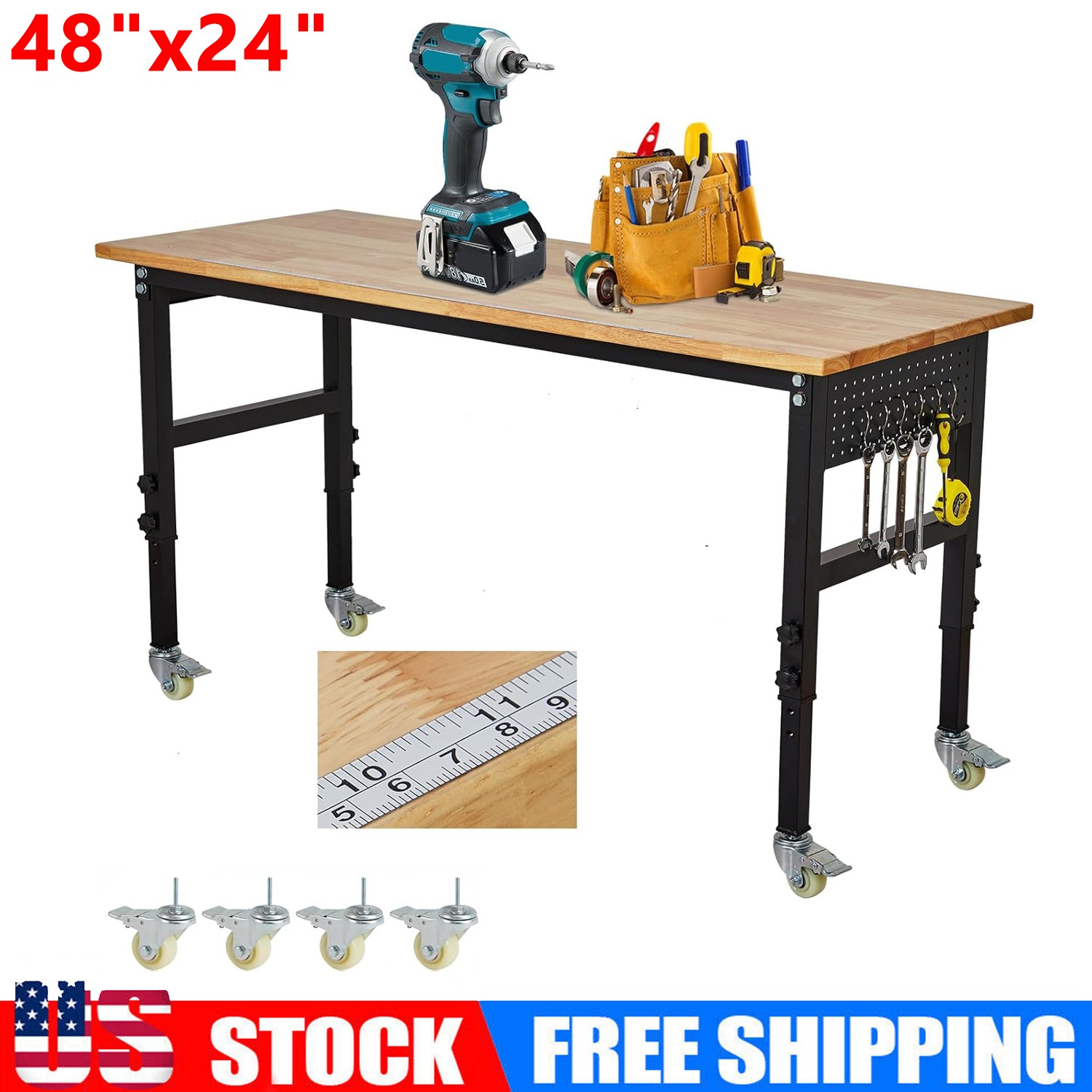 Adjustable Height Workbench 48" x 24" Work Bench Table w/Pegboard &Hooks 2200lbs