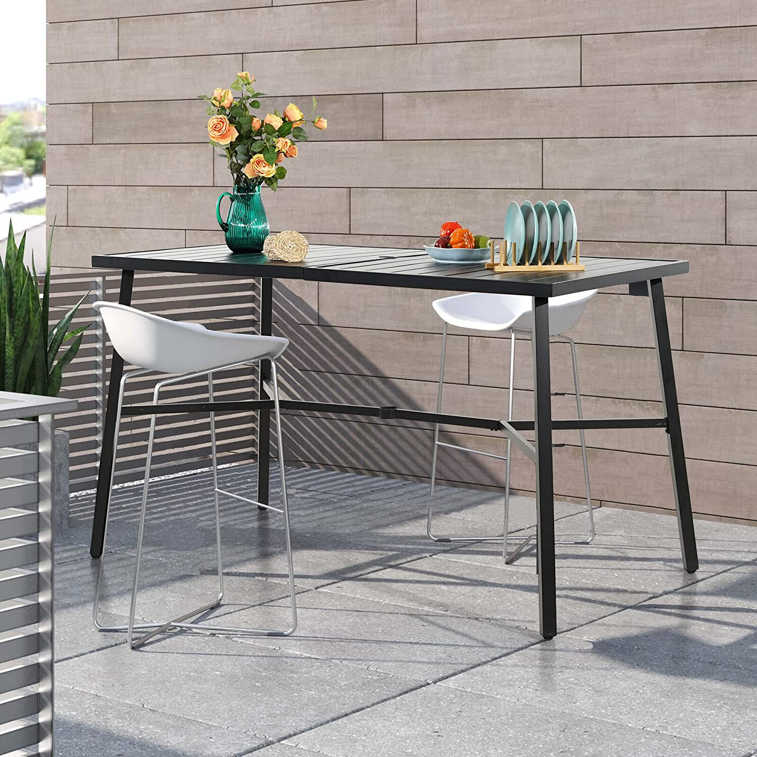 67"Outdoor Rectangular Dining Table Patio Yard Bar Table with 1.97"Umbrella Hole