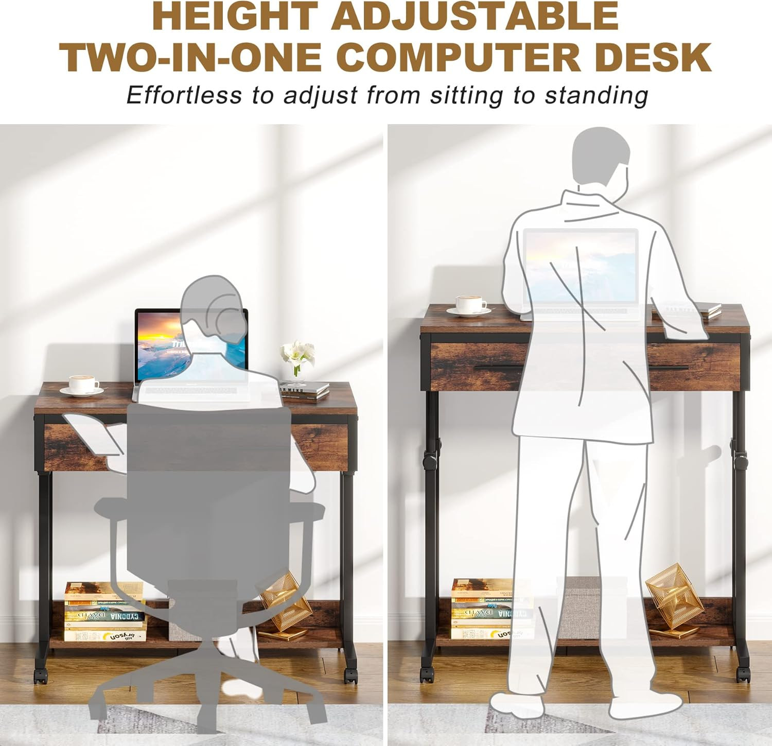Portable Desk with Drawers, Mobile Laptop Desk with Wheels, Sofa Side Table Smal
