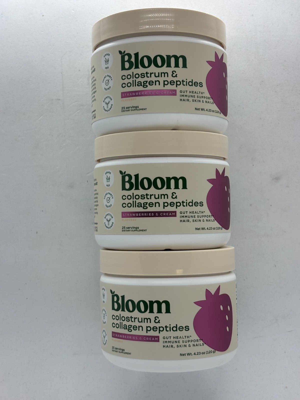 Bloom Colostrum & Collagen Peptides Gut Health, Strawberry,3 x 4.23z, Exp 6/2027