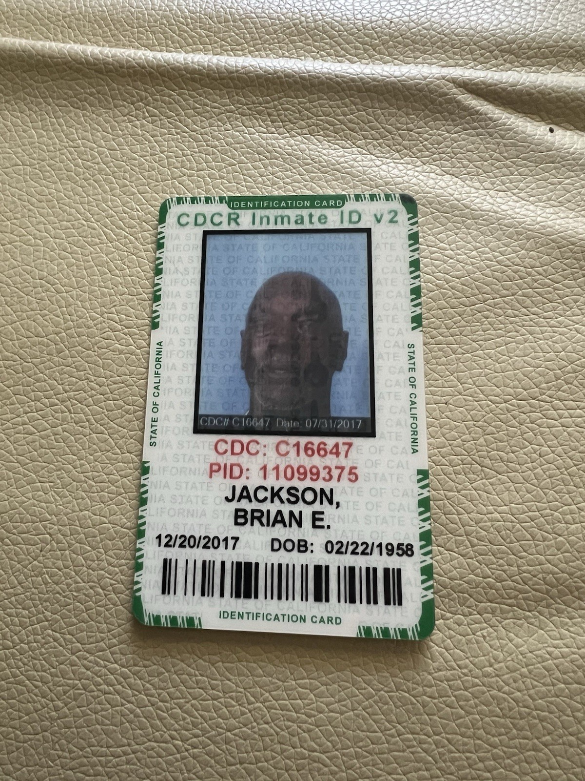 California State Prison DOC Authentic Inmate Issued Used ID Card