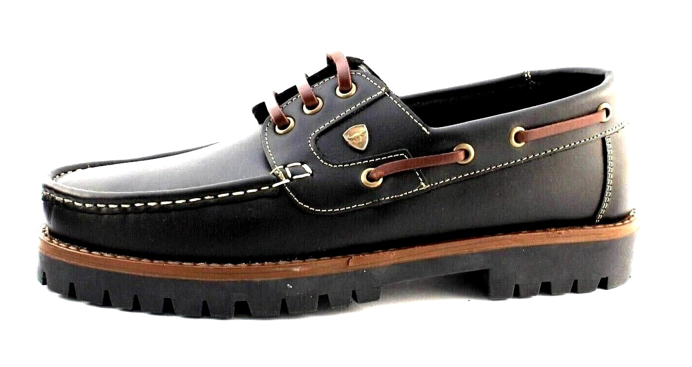 Boat shoes men's black deck shoes sailing shoes leather lace-ups 3 eye boat shoe