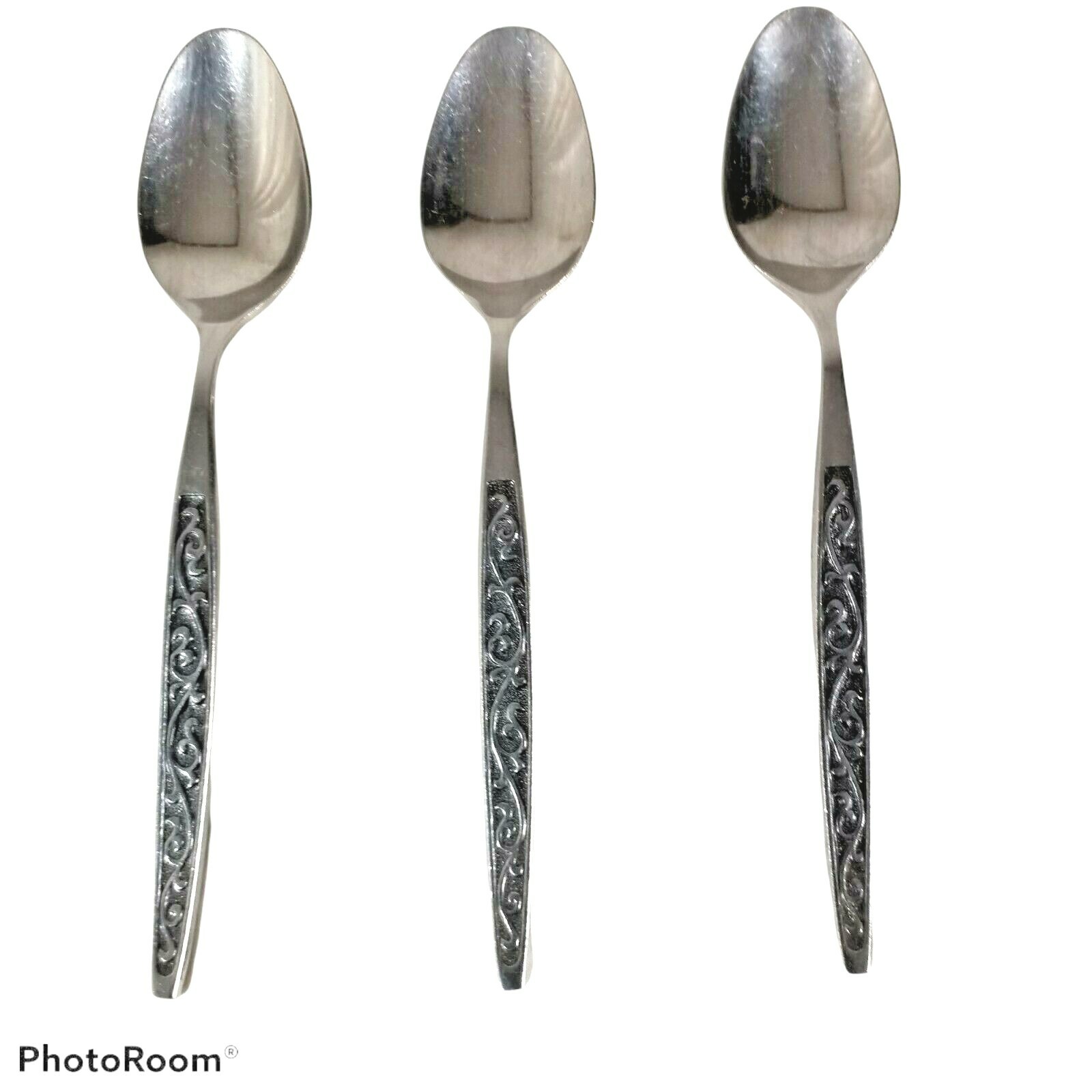 3  70'S VINTAGE SIERRA STAINLESS BY PRESENT TEASPOONS,  Taiwan inlaid scroll