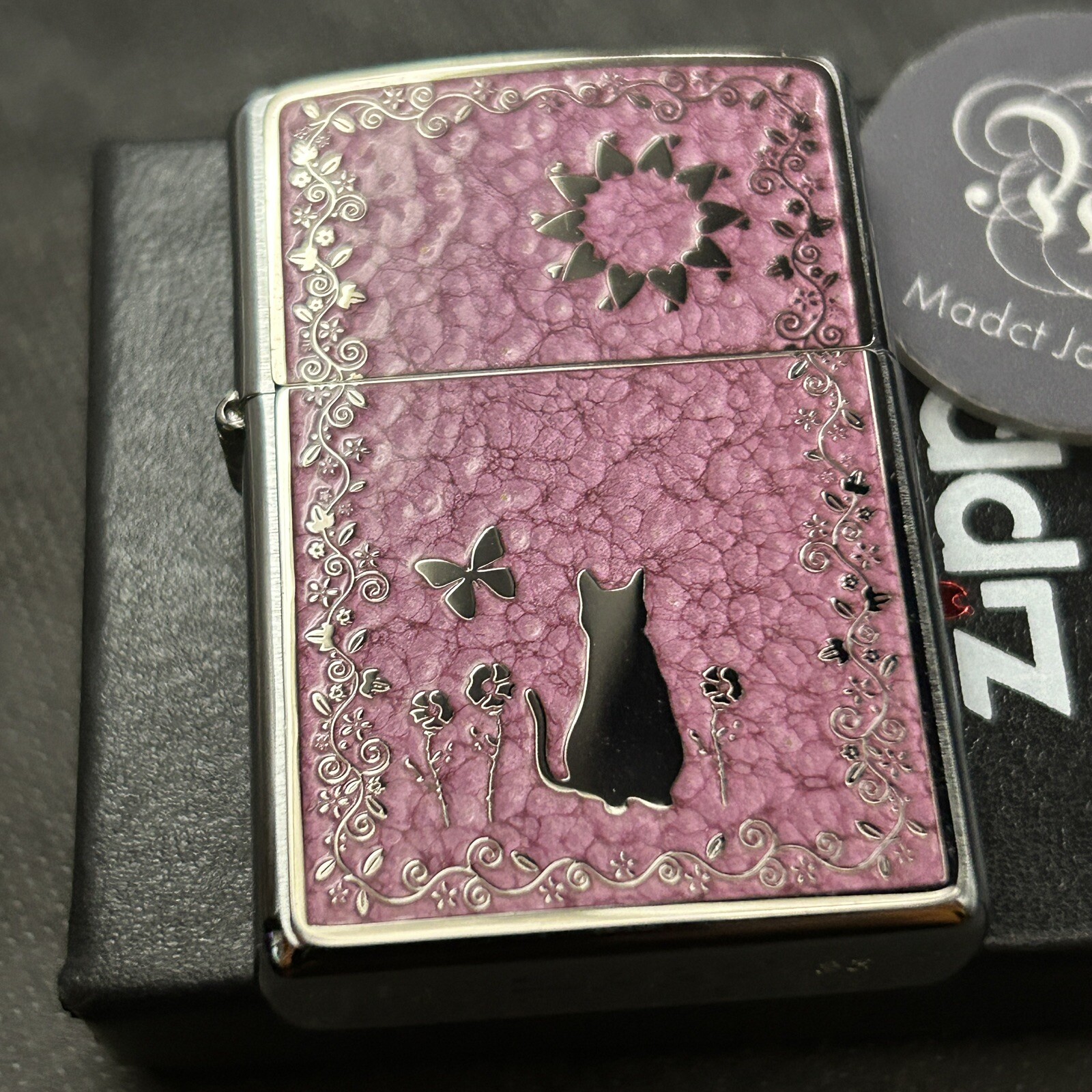 Zippo Oil Lighter Cat Flower Pink Metal Plate Silver Etching Regular Case Japan