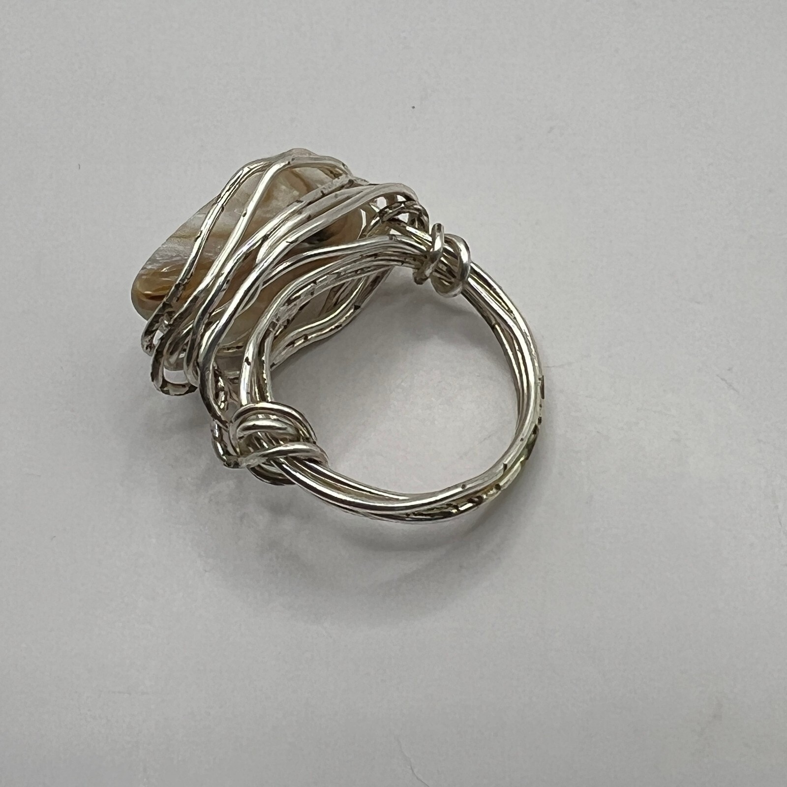 Artisan Silver Tone Wrap Ring White Stone Hand Made Size 6