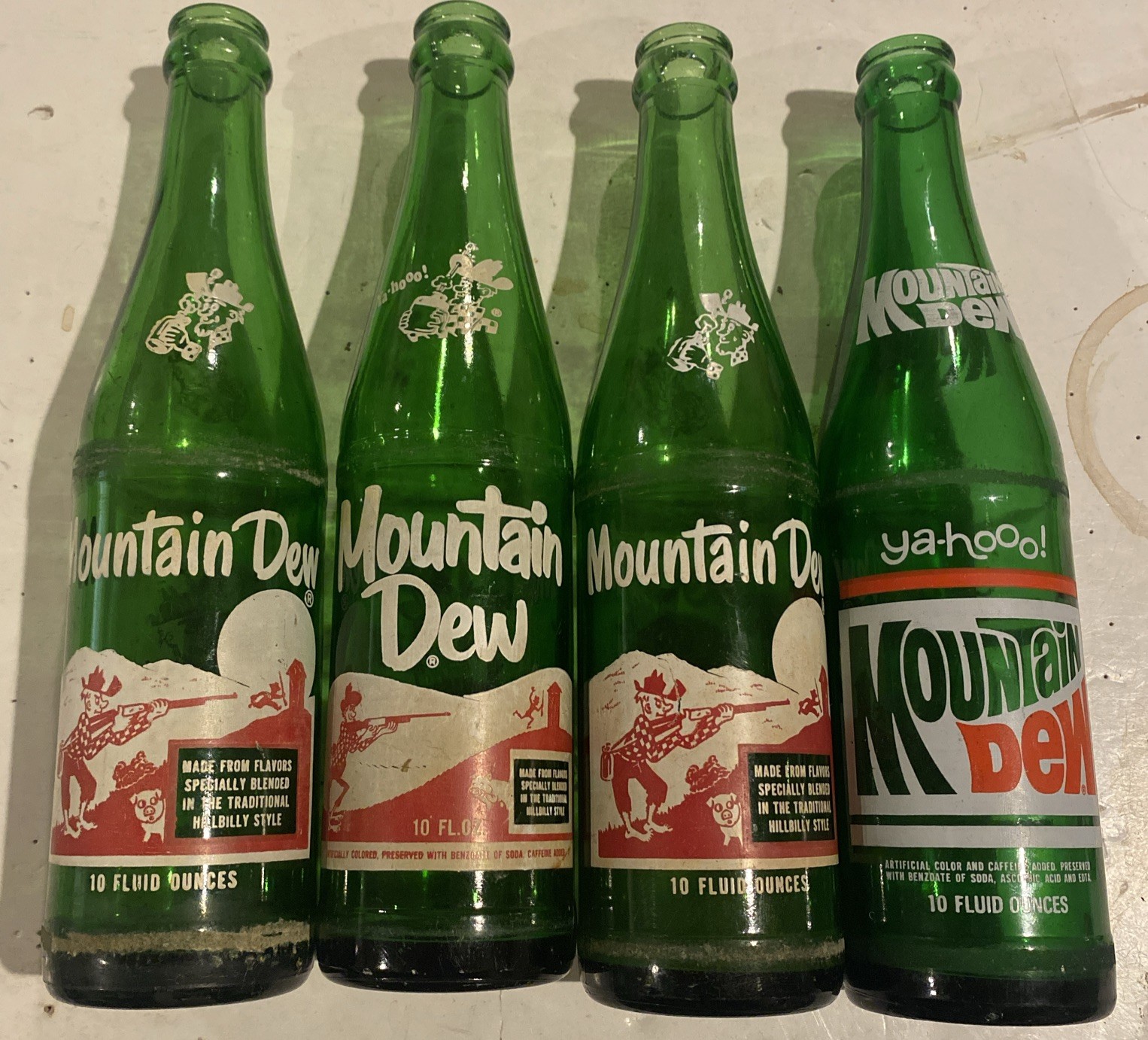 Vintage Lot Of 4 Mountian Dew Bottles It'll Tickle Your Innards!