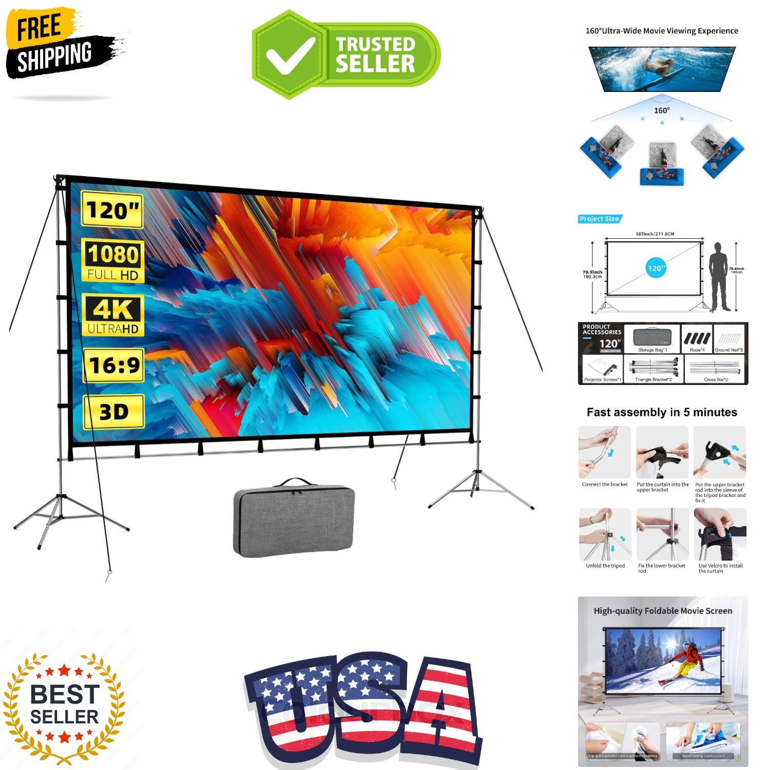 120 Inch Projector Screen with Stand, 16:9 4K HD, Video Projector Screen Indo...