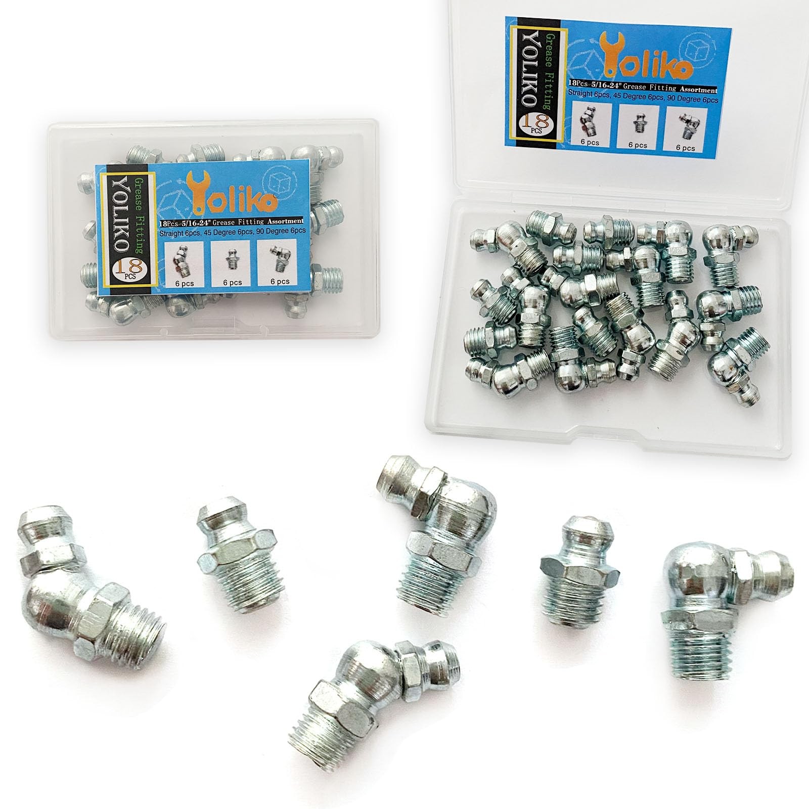 5/16"-24 18Pcs Grease Fitting Assortment Straight 45 90 Degree Grease Zerk