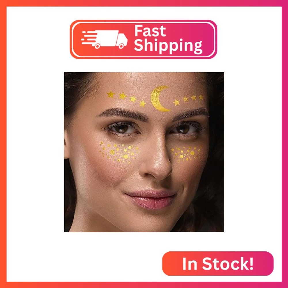 1Sheet Gold Metallic Temporary Face Tattoos Celestial Moon Star Faux Freckles Ma