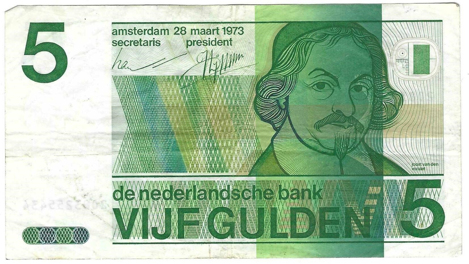 1973 Netherlands 5 Gulden P95a Well used