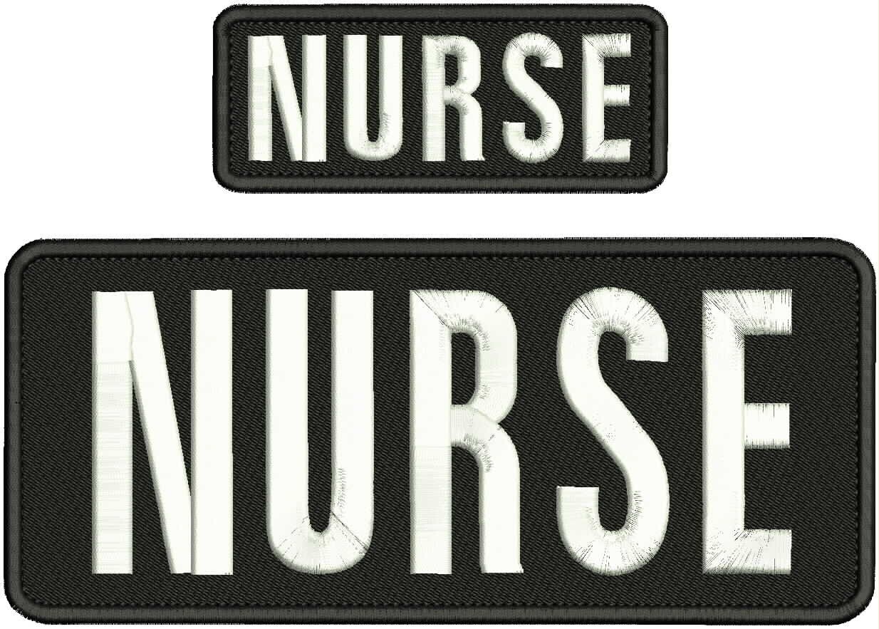 NURSE embroidery patches 4x10 and 2x5 hook on back WHITE ON BLACK