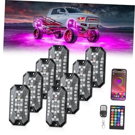 RGB Rock Lights Underglow Neon Lights Kits，APP/RF Remote Control & 8 pods 5MRGB