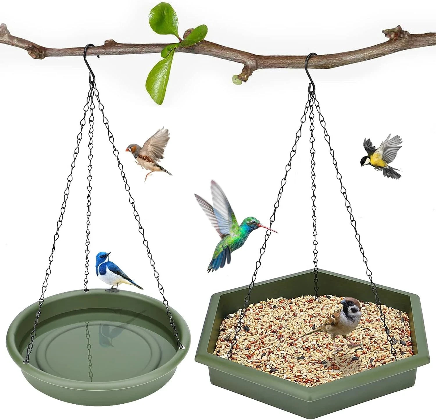 Hanging Bird Bath，Bird Bath - Feeder, 2 in 1 XL Green