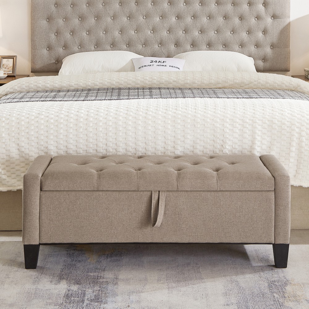 Storage Ottoman Bench w/ Safety Hinge, 350lb Capacity, Linen Upholstered