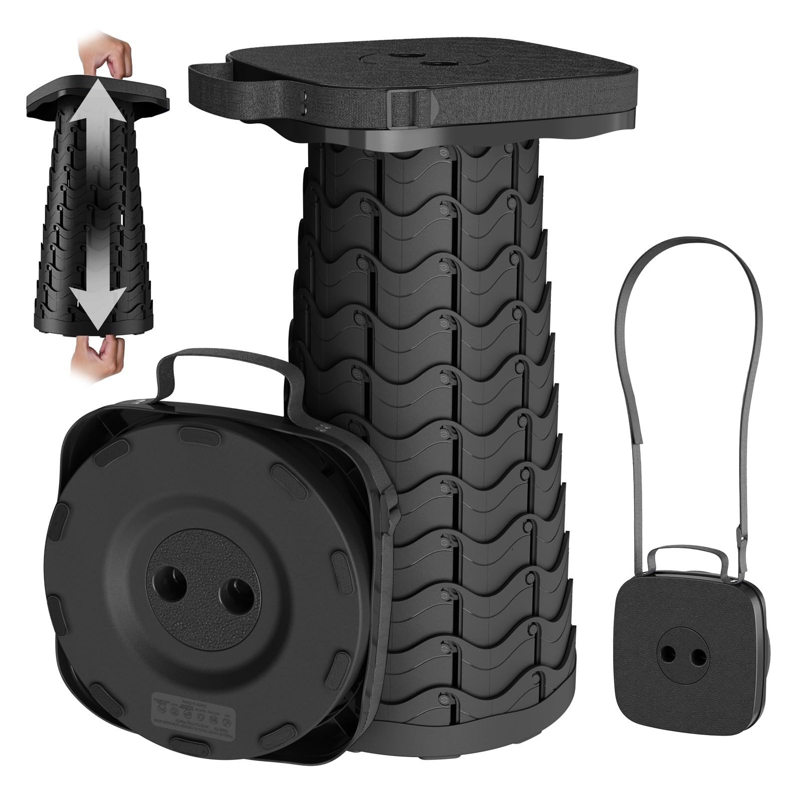 Collapsible Stool Portable Telescoping Folding Seat Max Load 485lbs Black