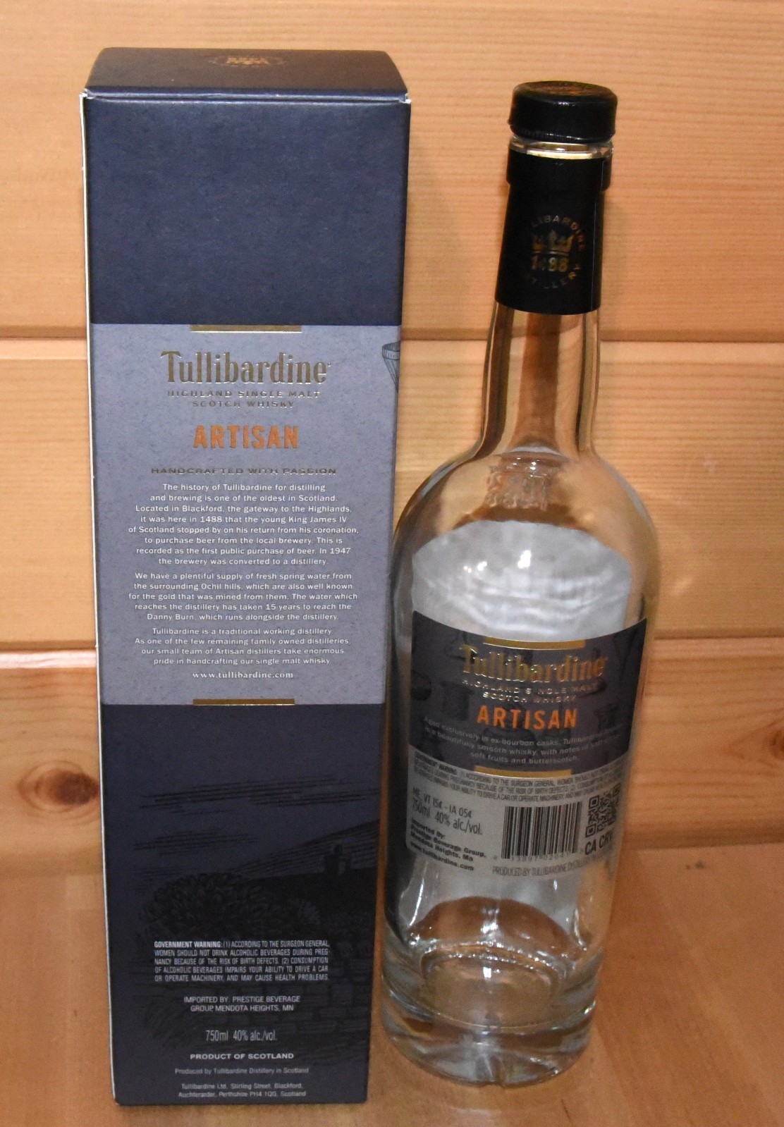 Tullibardine Artisan Highland Scotch Bottle -Empty 750ml Cork Stopper, Gift Box