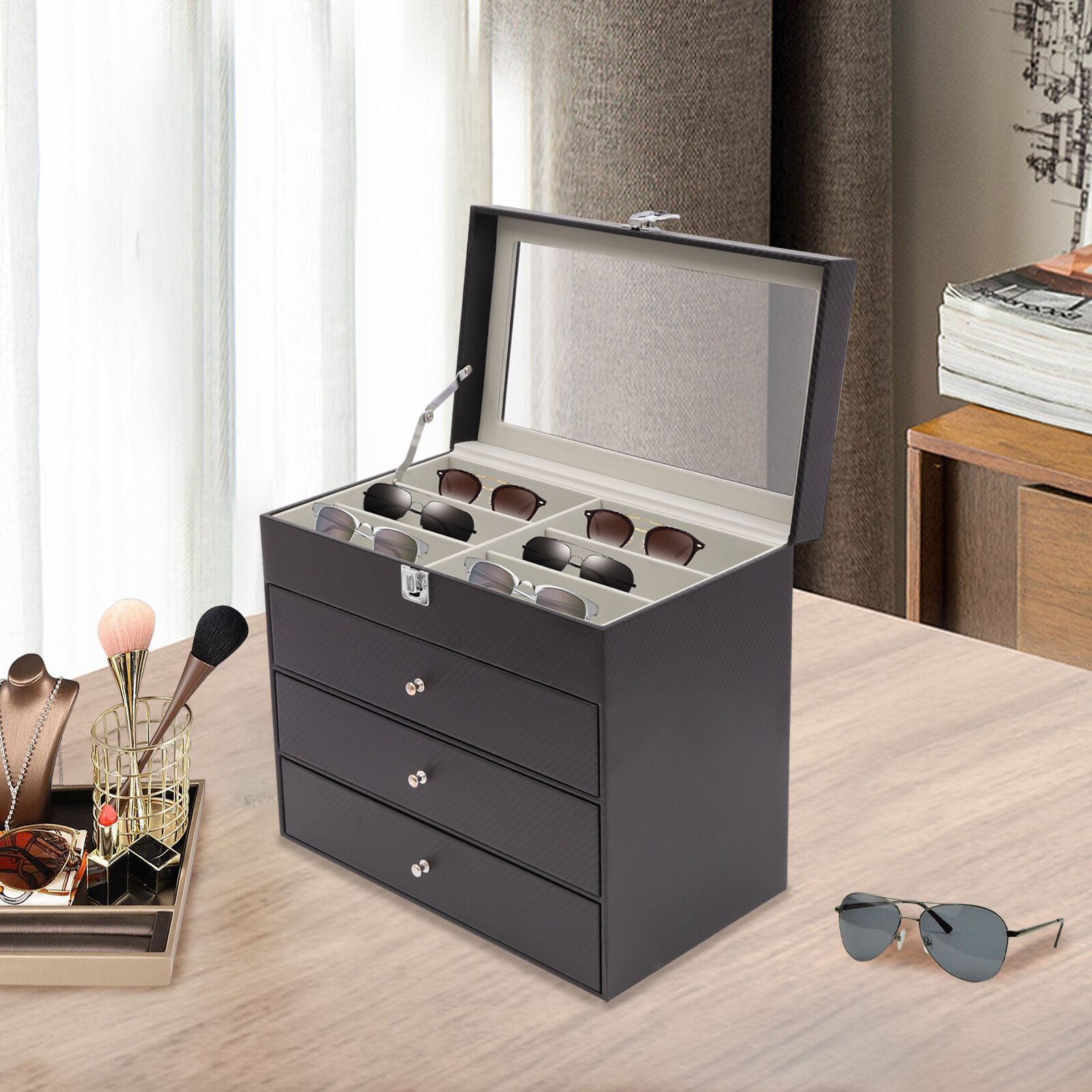 Eye Glasses & Watch Case Sunglasses Display Storage Box Holder Organizer 4 Tier