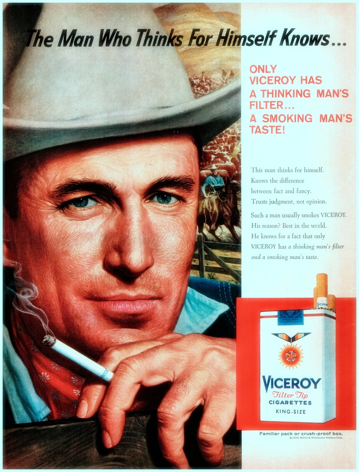 1959 Viceroy Cigarettes Vintage Print Ad Cowboy Ranch Horses