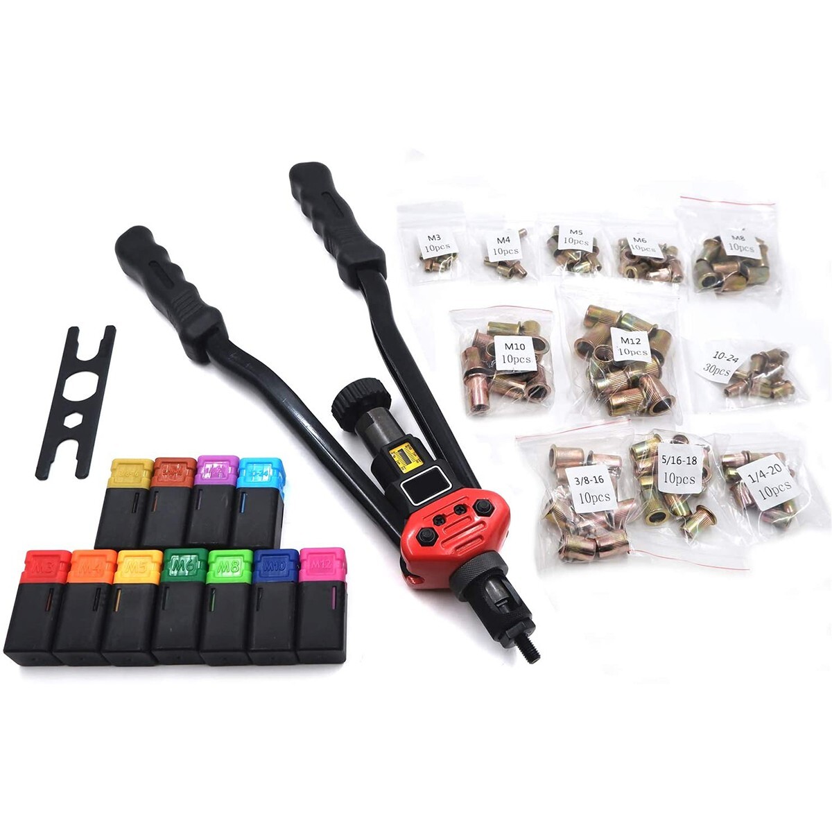 iMeshbean 16" Rivet Nut Tool Kit w/ 630PCs Rivet Nuts 11PC Metric & SAE Mandrel