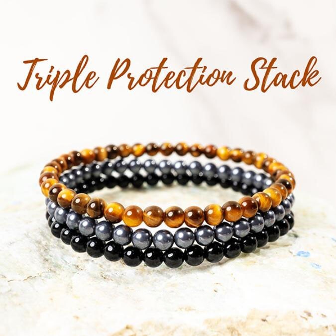 Triple Protection Tiger eye Black Tourmaline Hematite 4mm Beaded Stack Bracelet