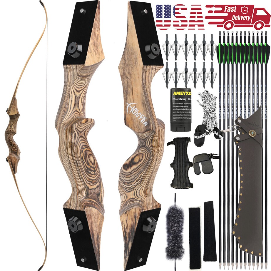 60" Recurve Bow Set 20-60lb Limb Wooden Takedown Archery Target Hunting Shooting