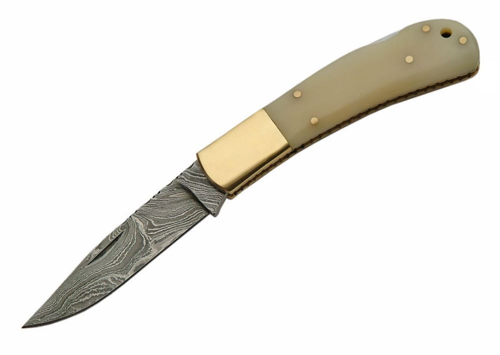 Damascus Steel Blade Folding Knife | White Bone Brass Classic Lockback