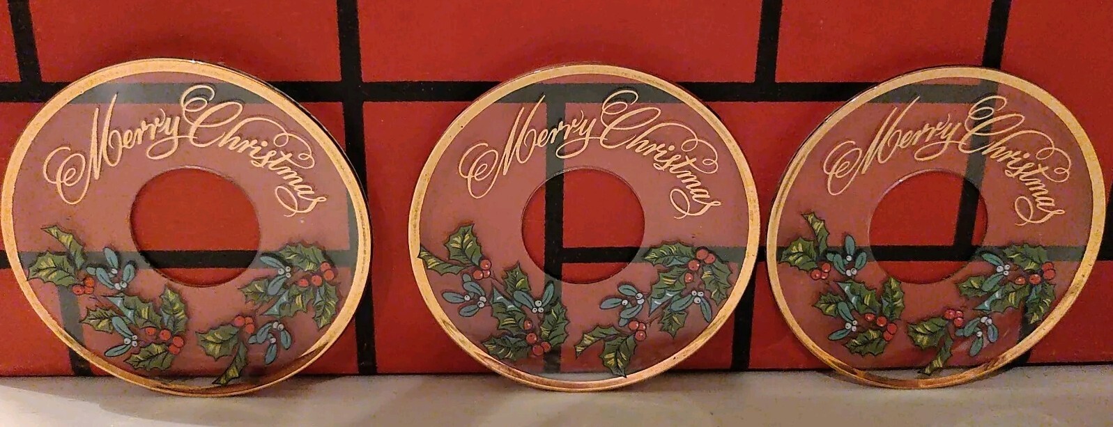 Merry Christmas (3) Glass Candle Collars Gold Trim Holly/Berries & Mistletoe