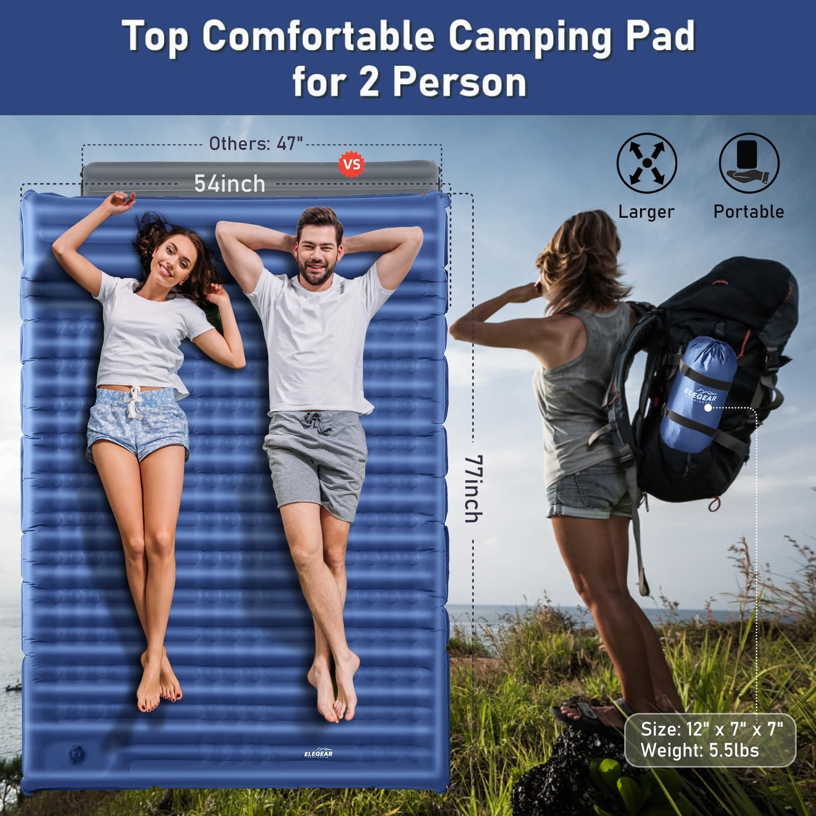 4.7” Thick Double Sleeping Pad for Camping, Inflatable, Full