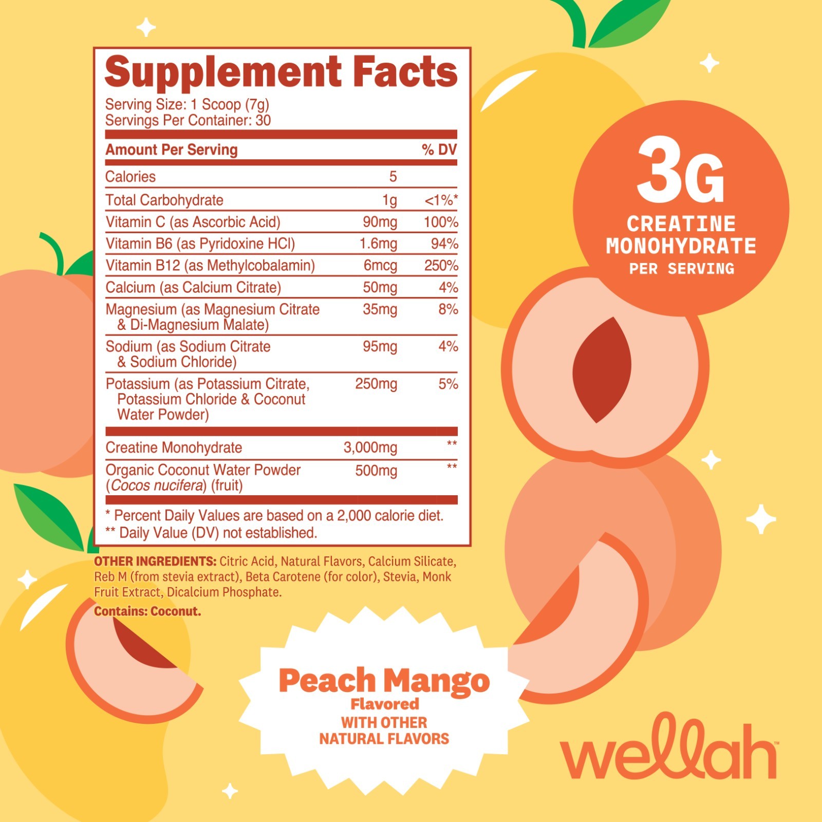 Wellah Creatine + Electrolytes Powder (Peach Mango) 30 Servings